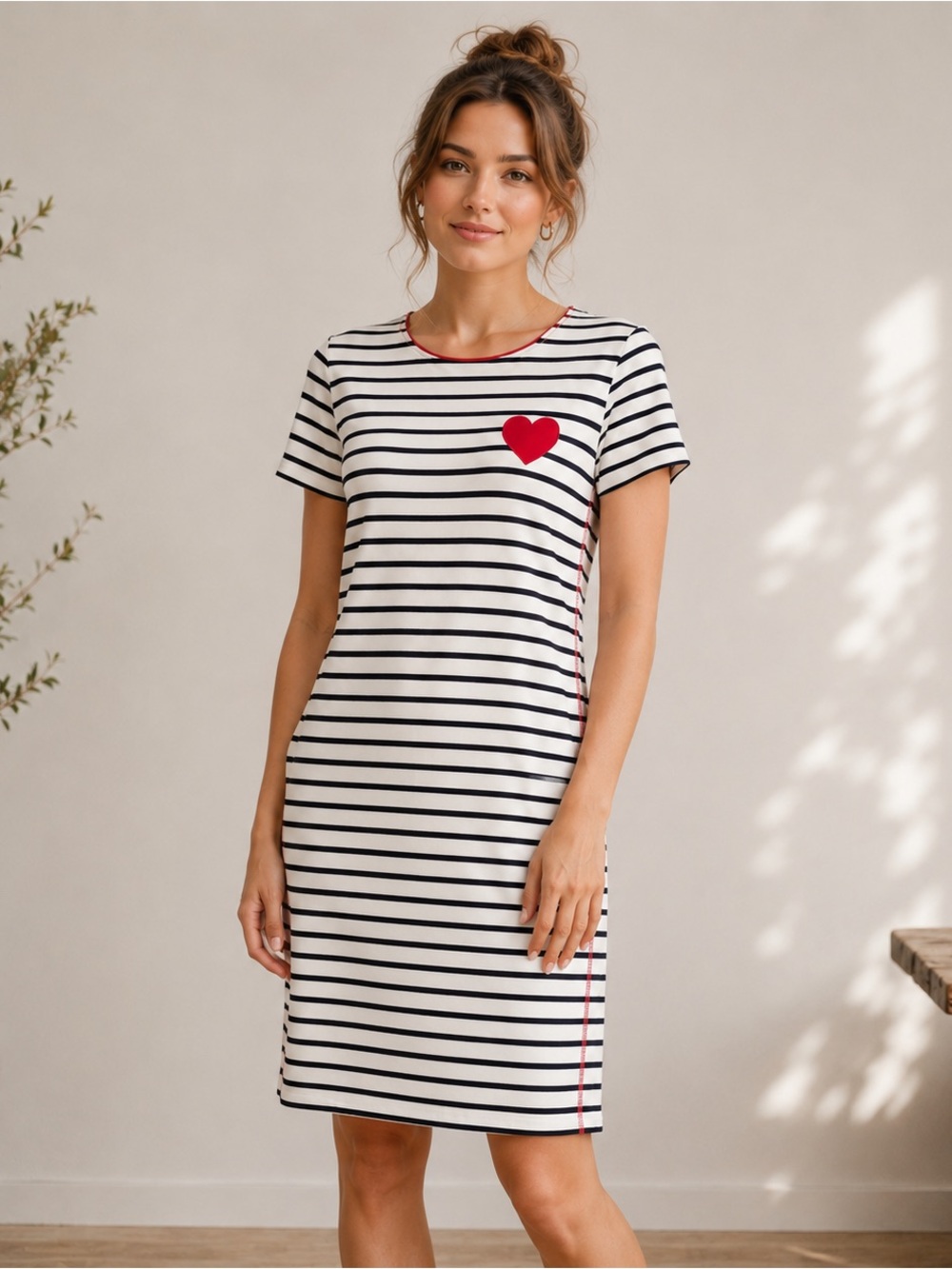 Elena Wang Striped T-Shirt Dress Black White Heart Cotton Stretch Casual Size L